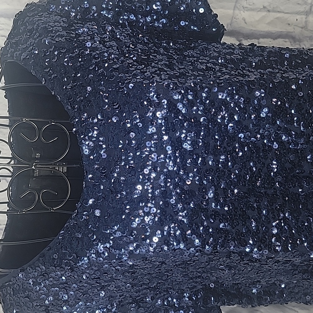 White House Black Market Navy Short Sleeve Sequined Blouse Large - Picture 2 of 7